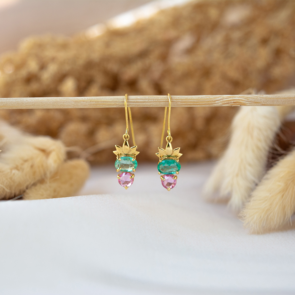 Shop Opulent Emerald Pink Sapphire 18K Gold Dangle Earrings for