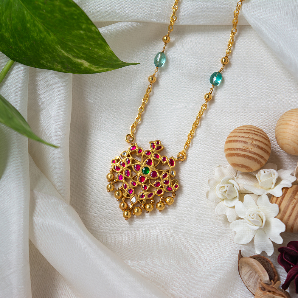 Shop Eternal Ornate Ruby, Emerald Diamond 22K Gold Necklace for