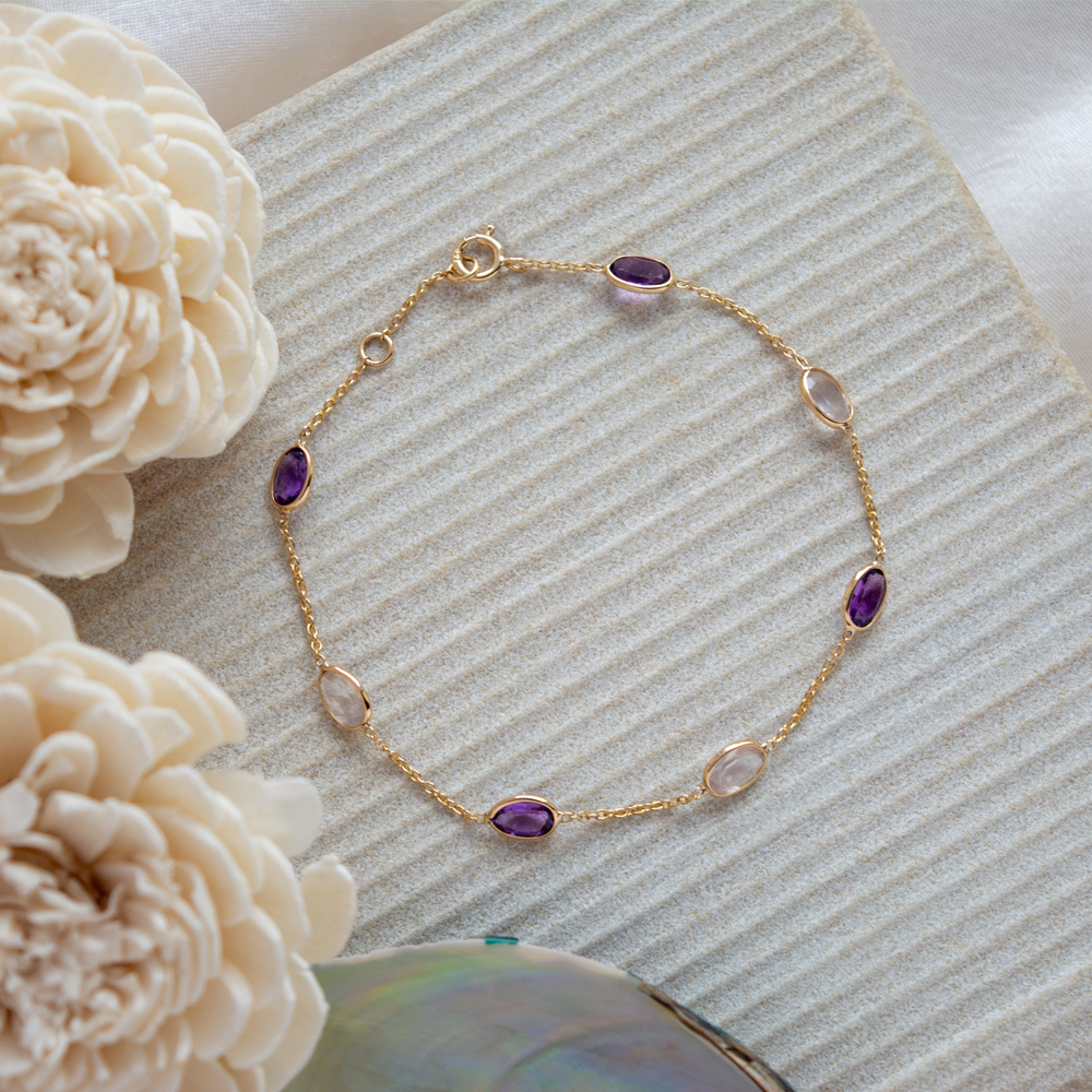 Shop Elegant Rose Quartz and Amethyst 18K Gold Bracelet for Women