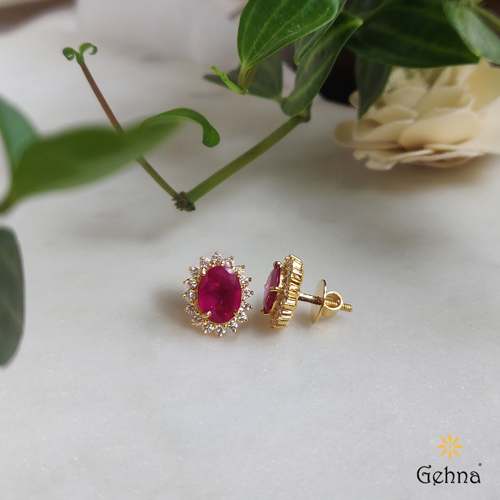 Shop Belle Diamond and Ruby 18K Gold Earring for Women Gehna