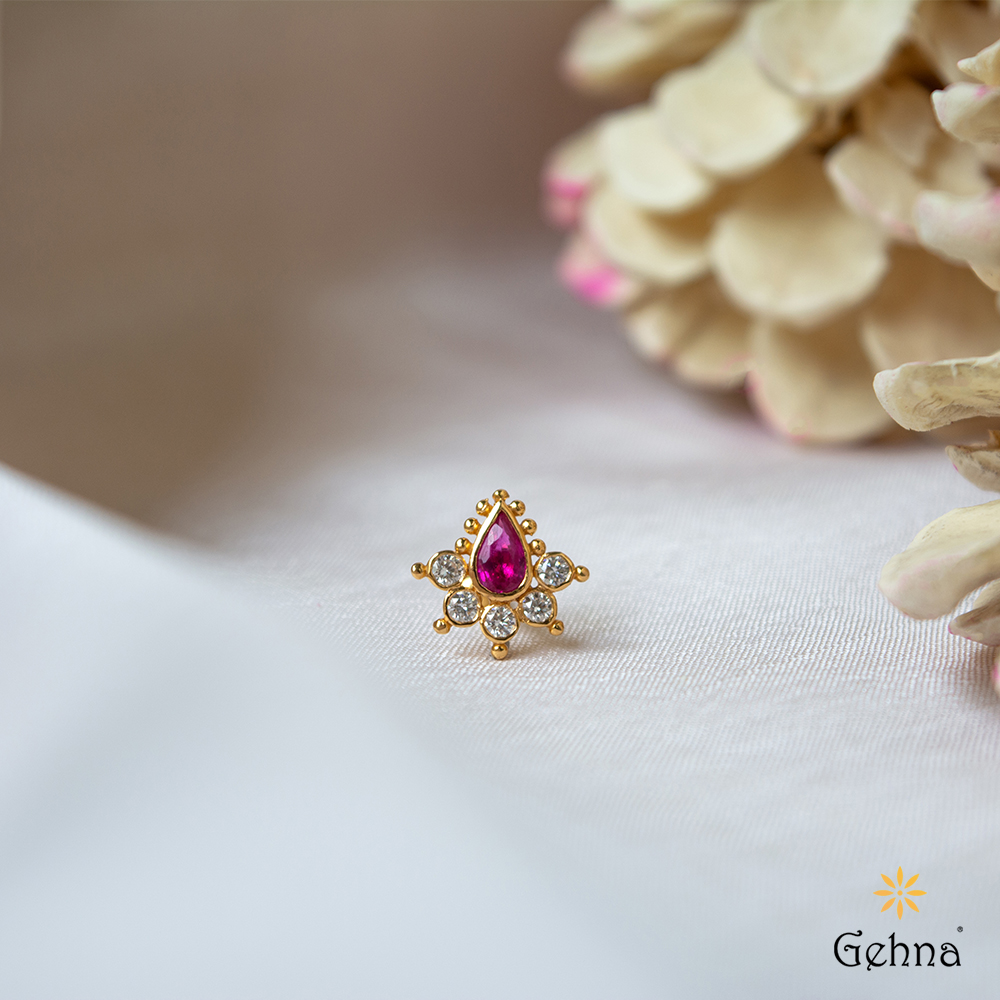 Vibrant Ruby Diamond 22K Gold NosePin