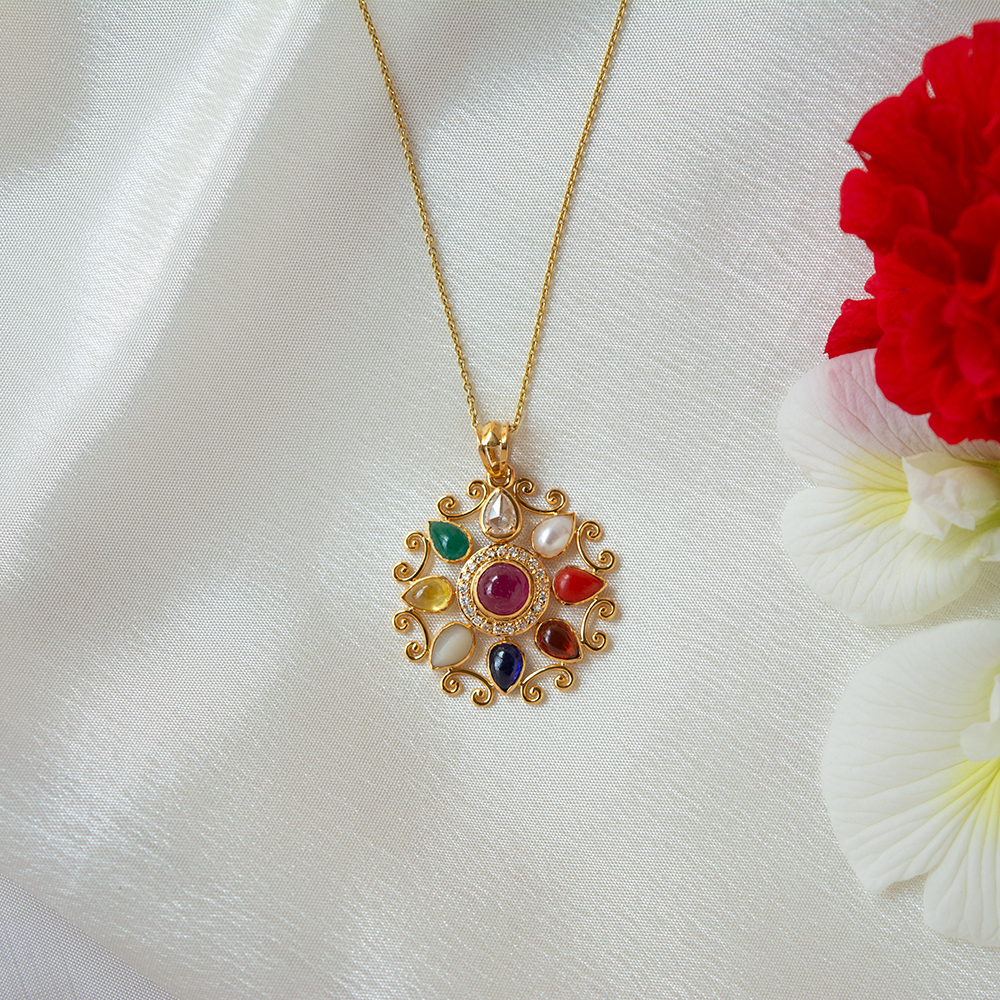 Shop Archetypal Navaratna Gold Pendant for Women Gehna