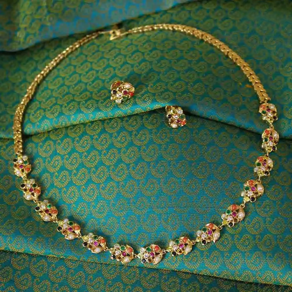 Shop Classic 22K Navratna Gold Necklace Set for Women Online