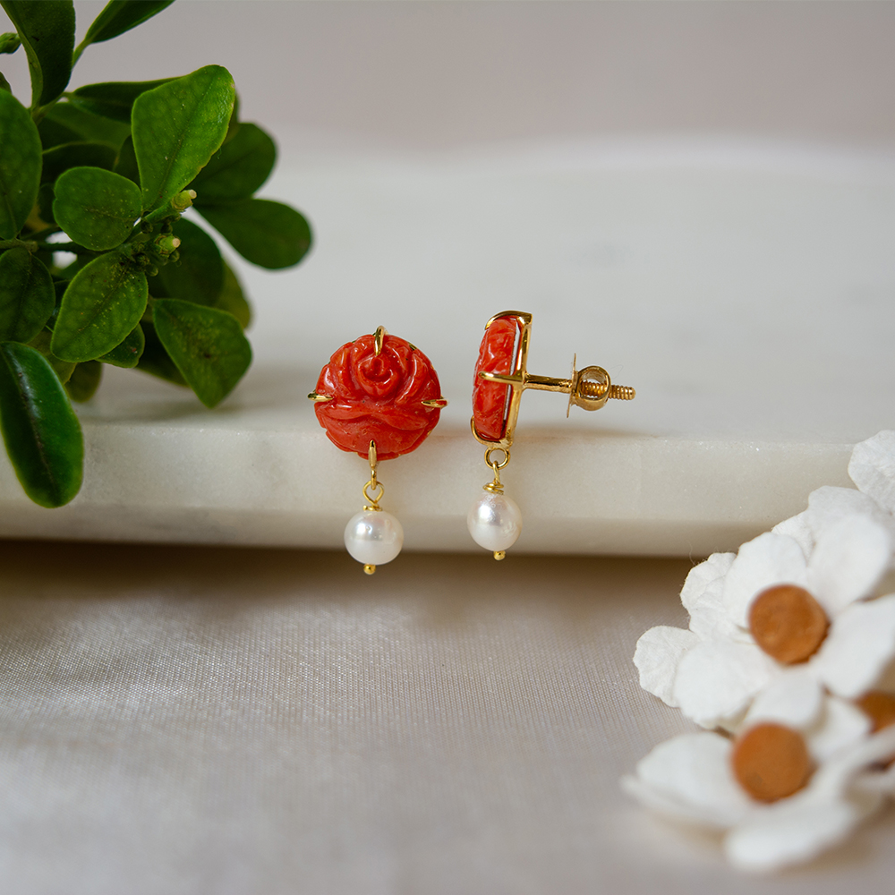 Pagadam Flowers Carved Coral Pearl 18K Gold Earrings