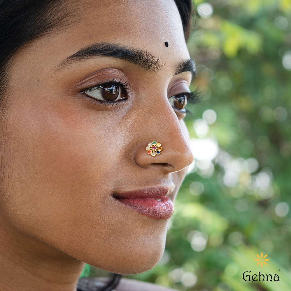 Floral Navaratna 22K Yellow Gold Nosepin (Screw Type)