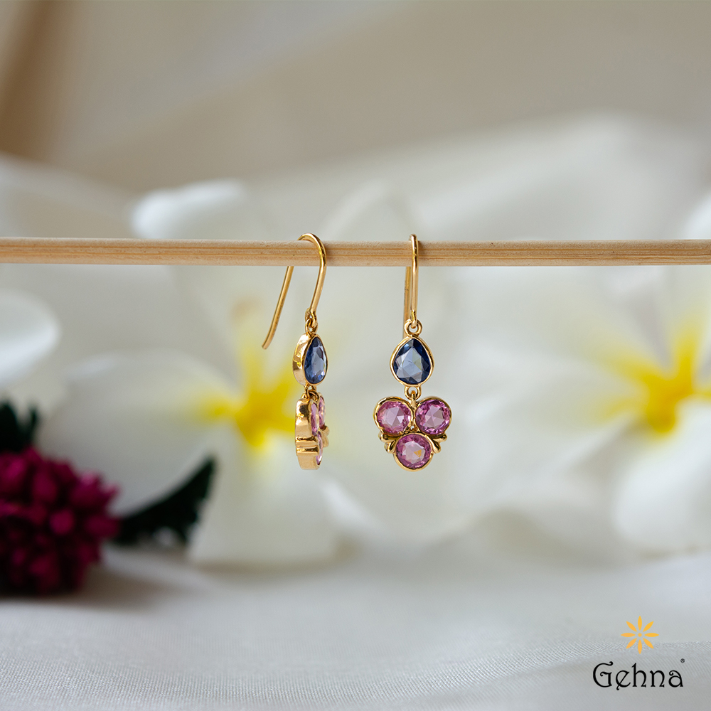 Shop Floral Cluster Blue Pink Sapphires 18K Gold Dangle Earrings
