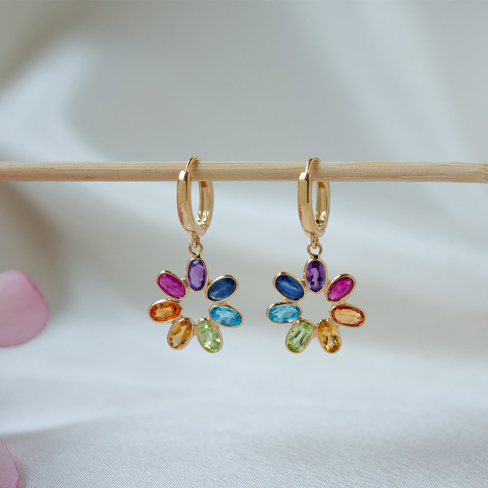 Shop Rainbow Bloom Multi Stone 18K Gold Dangle Earrings for Women