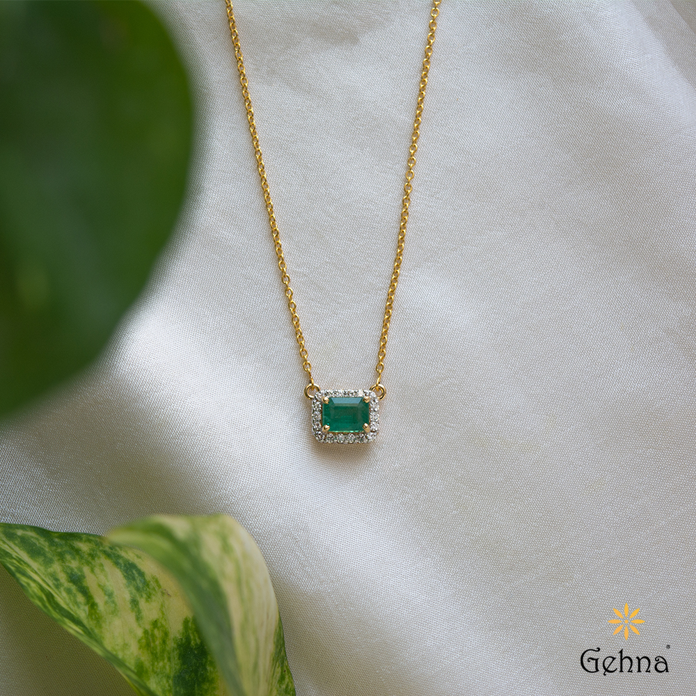 Shop Dazzling Emerald Diamond 18K Gold Pendant Chain Gehna