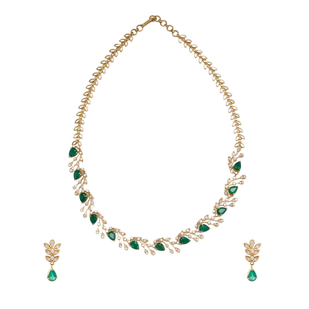 Buy Diamond Emerald 18K Gold Necklace Set with Earrings Online